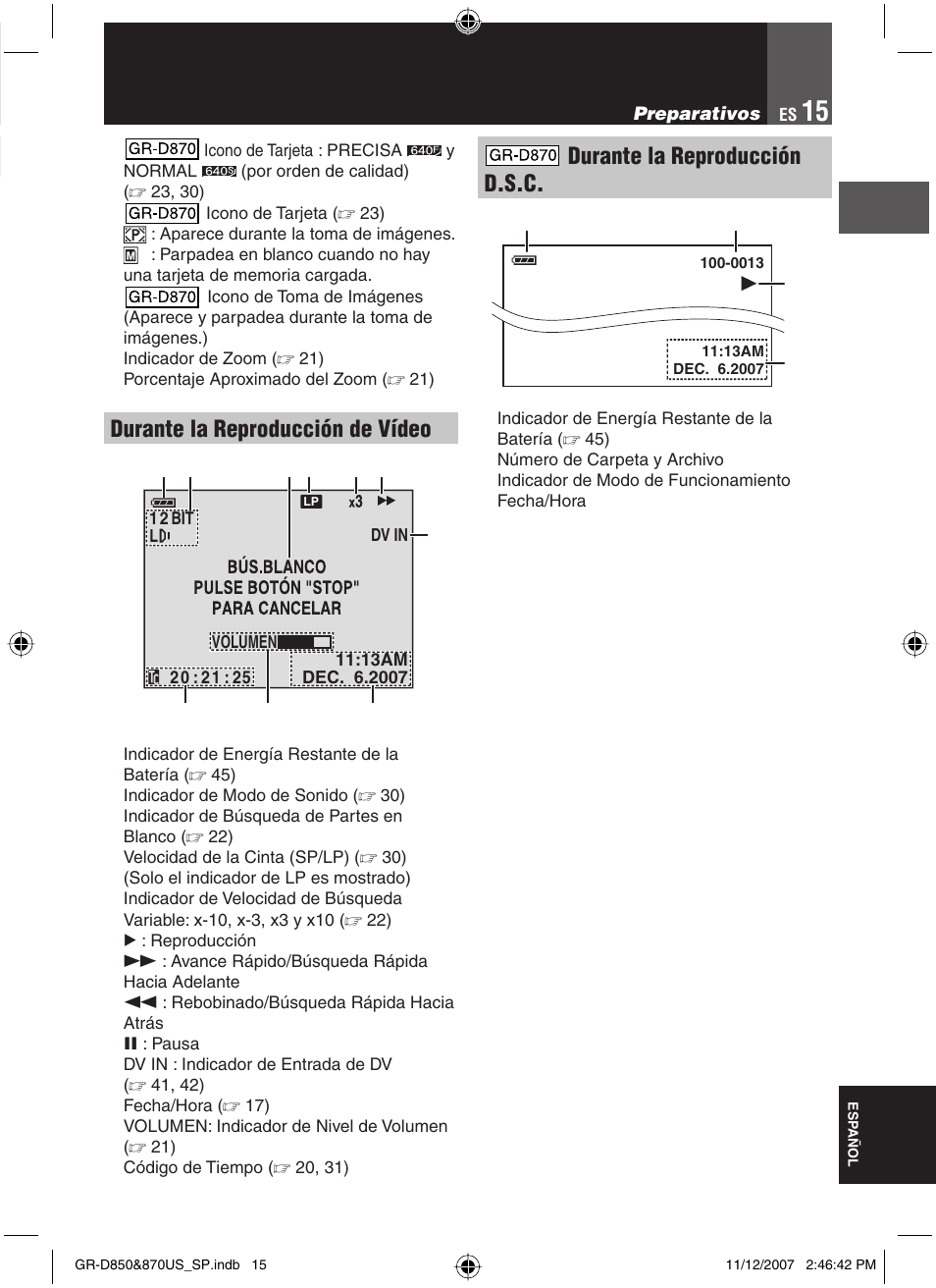 Durante la reproducción de vídeo, Durante la reproducción d.s.c | JVC GR-D850U User Manual | Page 65 / 104