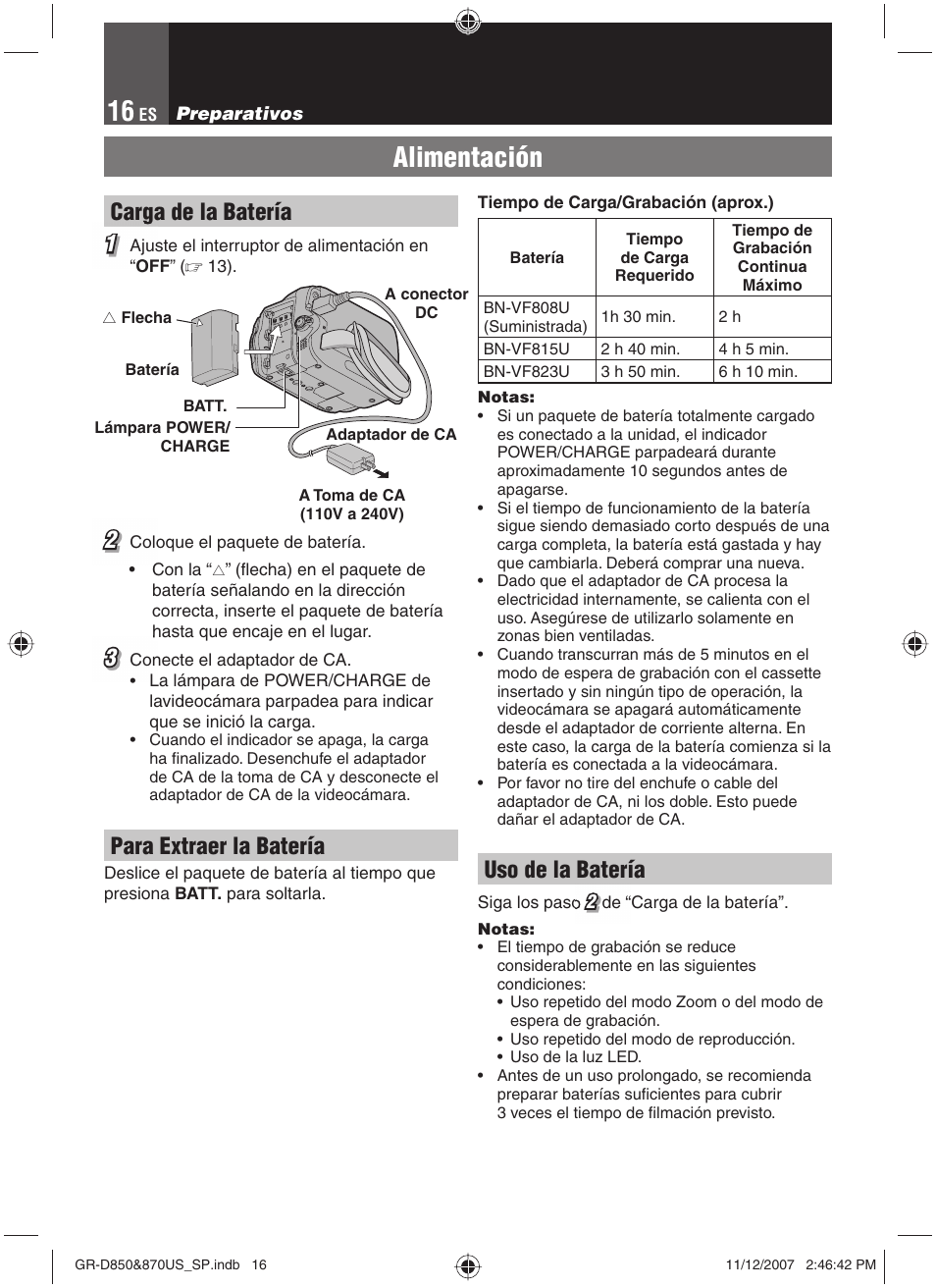 Alimentación, Carga de la batería 1 1, Para extraer la batería | Uso de la batería | JVC GR-D850U User Manual | Page 66 / 104