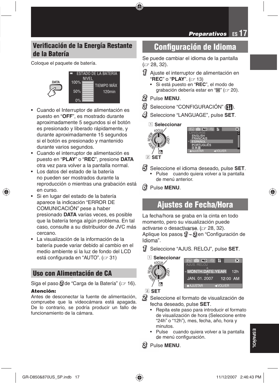 Confi guración de idioma, Ajustes de fecha/hora, Verifi cación de la energía restante de la batería | Uso con alimentación de ca | JVC GR-D850U User Manual | Page 67 / 104