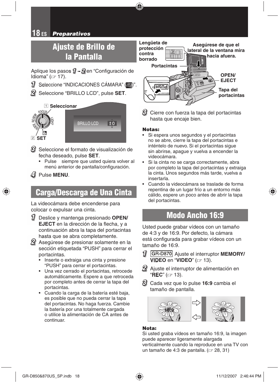 Ajuste de brillo de, Carga/descarga de una cinta, Modo ancho 16:9 | Ajuste de brillo de la pantalla | JVC GR-D850U User Manual | Page 68 / 104