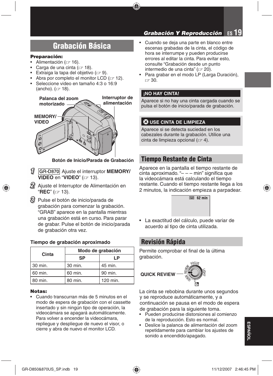 Grabación y reproducción, Grabación básica, Tiempo restante de cinta | Revisión rápida | JVC GR-D850U User Manual | Page 69 / 104