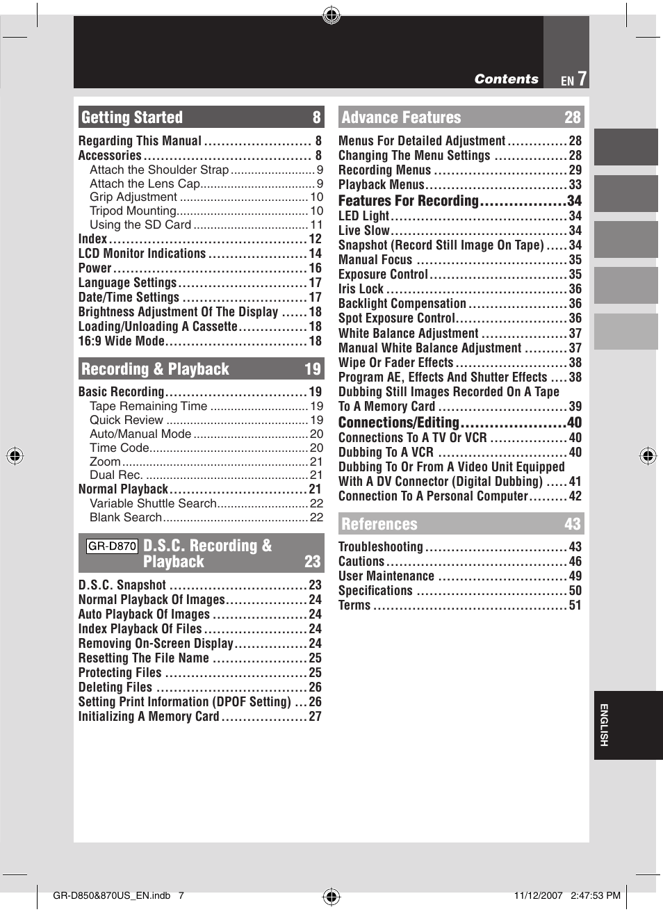 Getting started 8, Recording & playback 19, D.s.c. recording & playback 23 | Advance features 28, References 43 | JVC GR-D850U User Manual | Page 7 / 104