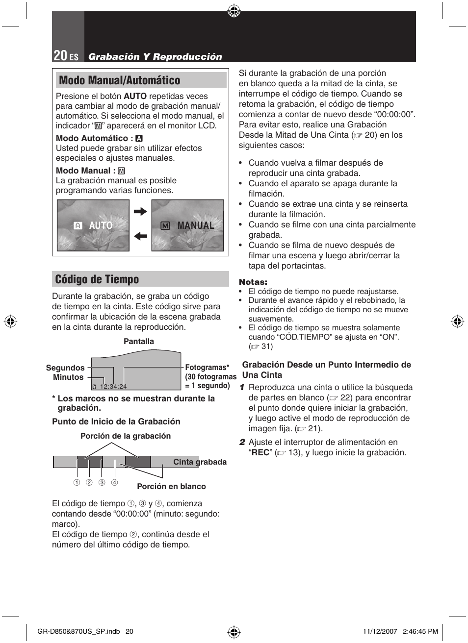 Modo manual/automático, Código de tiempo | JVC GR-D850U User Manual | Page 70 / 104