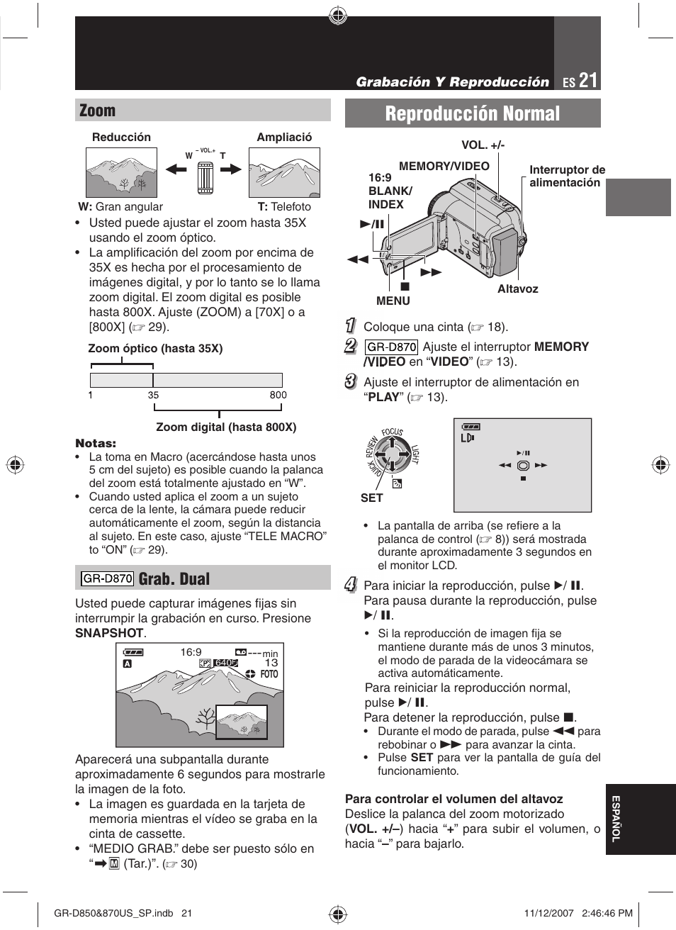 Reproducción normal, Zoom, Grab. dual | JVC GR-D850U User Manual | Page 71 / 104