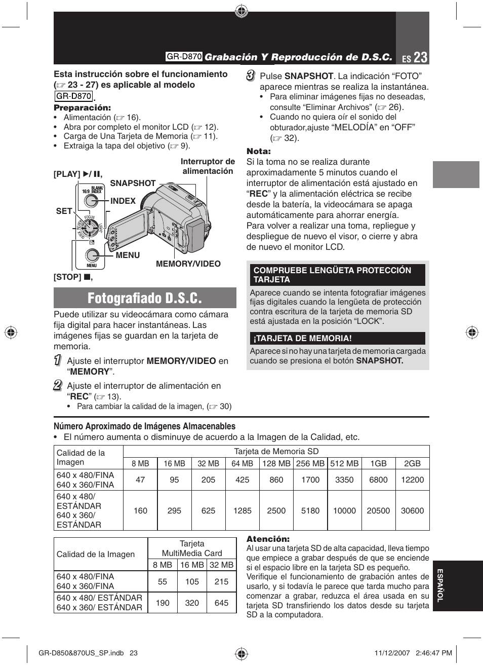 Grabación y reproducción de d.s.c, Fotografiado d.s.c, Fotografi ado d.s.c | JVC GR-D850U User Manual | Page 73 / 104