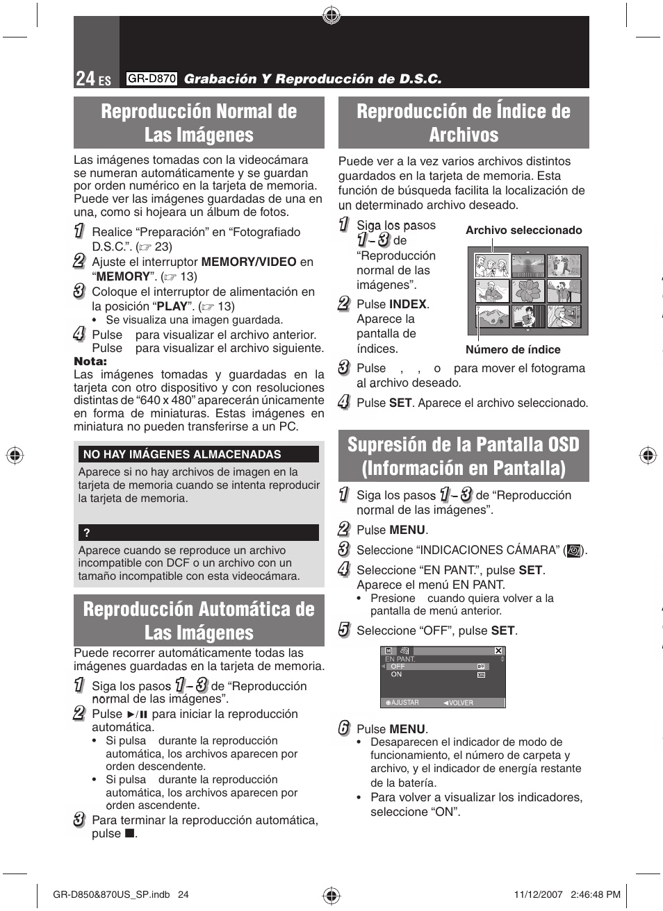 Reproducción normal de las imágenes, Reproducción de índice de archivos, Reproducción automática de las imágenes | JVC GR-D850U User Manual | Page 74 / 104