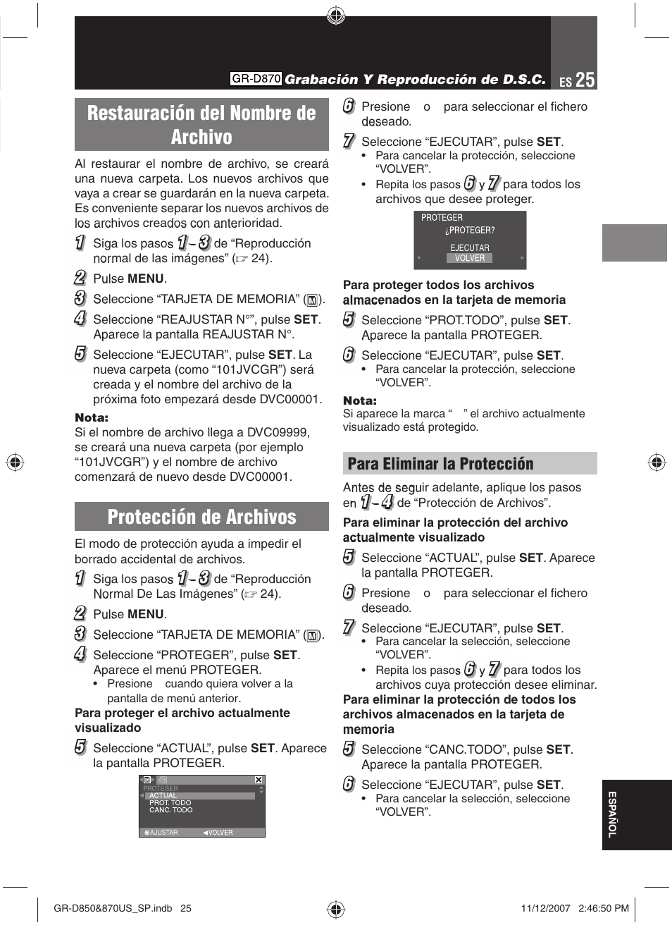 Restauración del nombre de archivo, Protección de archivos, Para eliminar la protección | JVC GR-D850U User Manual | Page 75 / 104