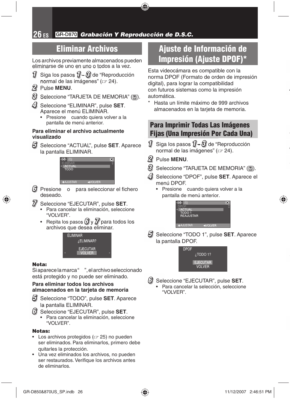 Eliminar archivos, Ajuste de información de impresión (ajuste dpof) | JVC GR-D850U User Manual | Page 76 / 104