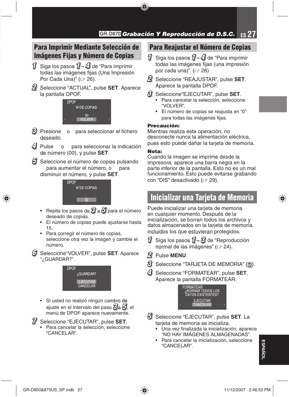 Inicializar una tarjeta de memoria, Para reajustar el número de copias 1 1 | JVC GR-D850U User Manual | Page 77 / 104