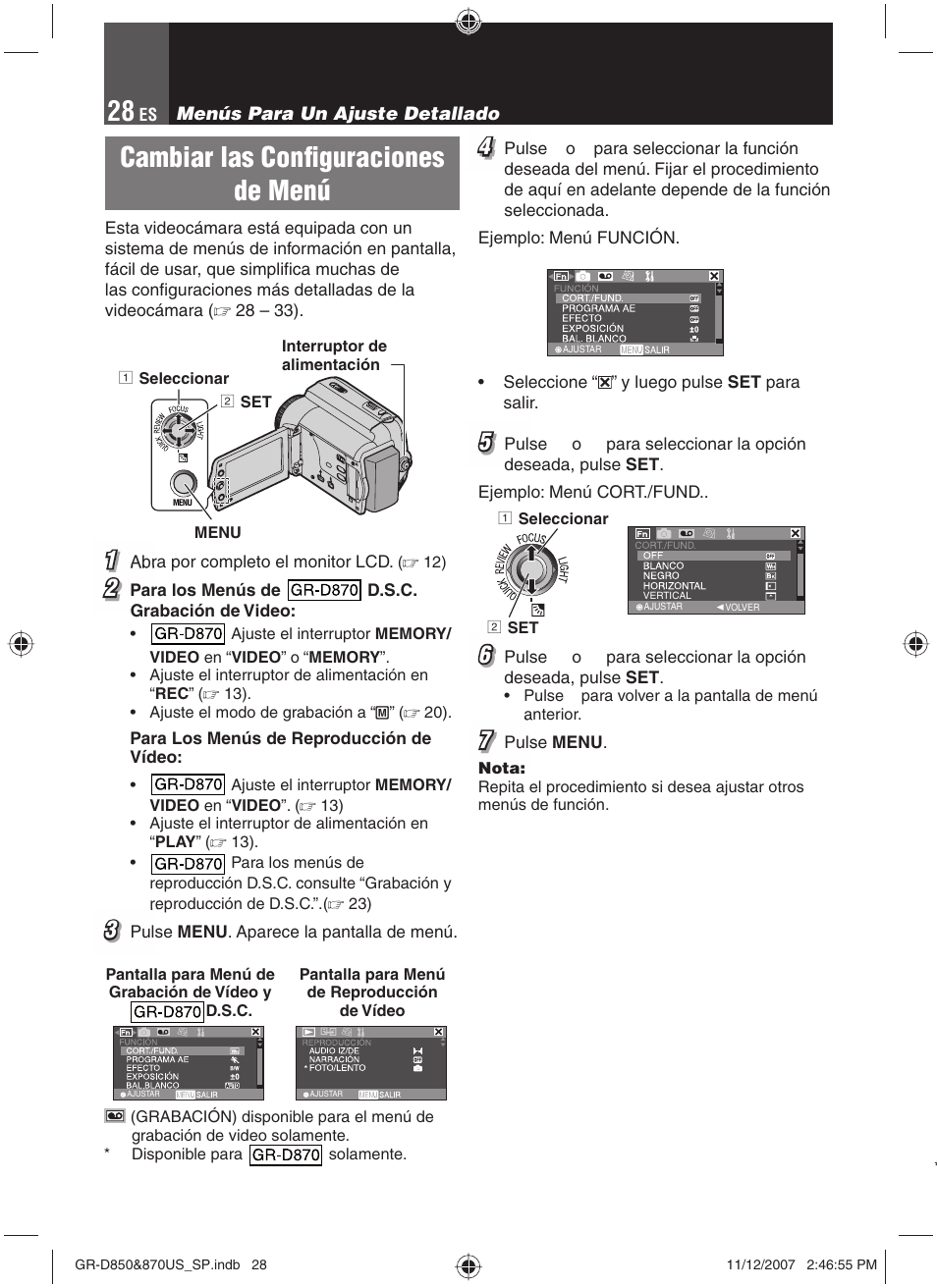 Menús para un ajuste detallado, Cambiar las configuraciones, Cambiar las confi guraciones de menú | JVC GR-D850U User Manual | Page 78 / 104