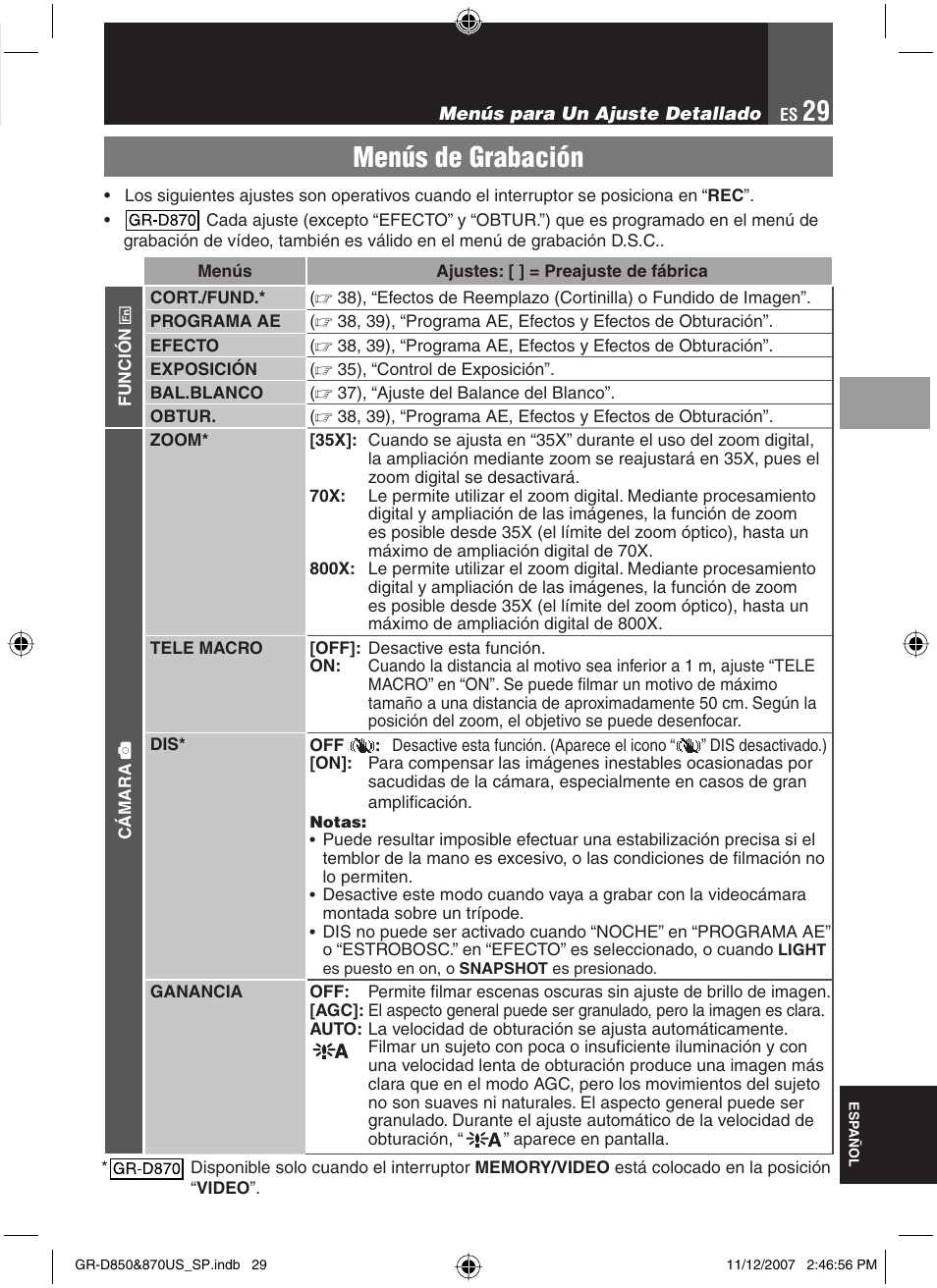 Menús de grabación | JVC GR-D850U User Manual | Page 79 / 104