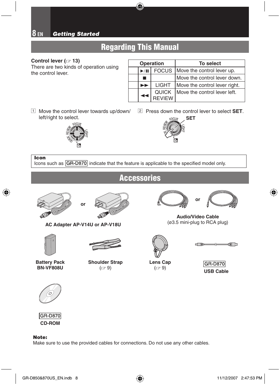 Getting started, Regarding this manual, Accessories | JVC GR-D850U User Manual | Page 8 / 104