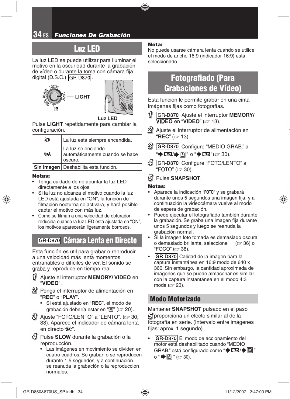 Funciones de grabación, Luz led, Cámara lenta en directo | Fotografiado (para grabaciones de vídeo), Fotografi ado (para grabaciones de vídeo), Modo motorizado | JVC GR-D850U User Manual | Page 84 / 104