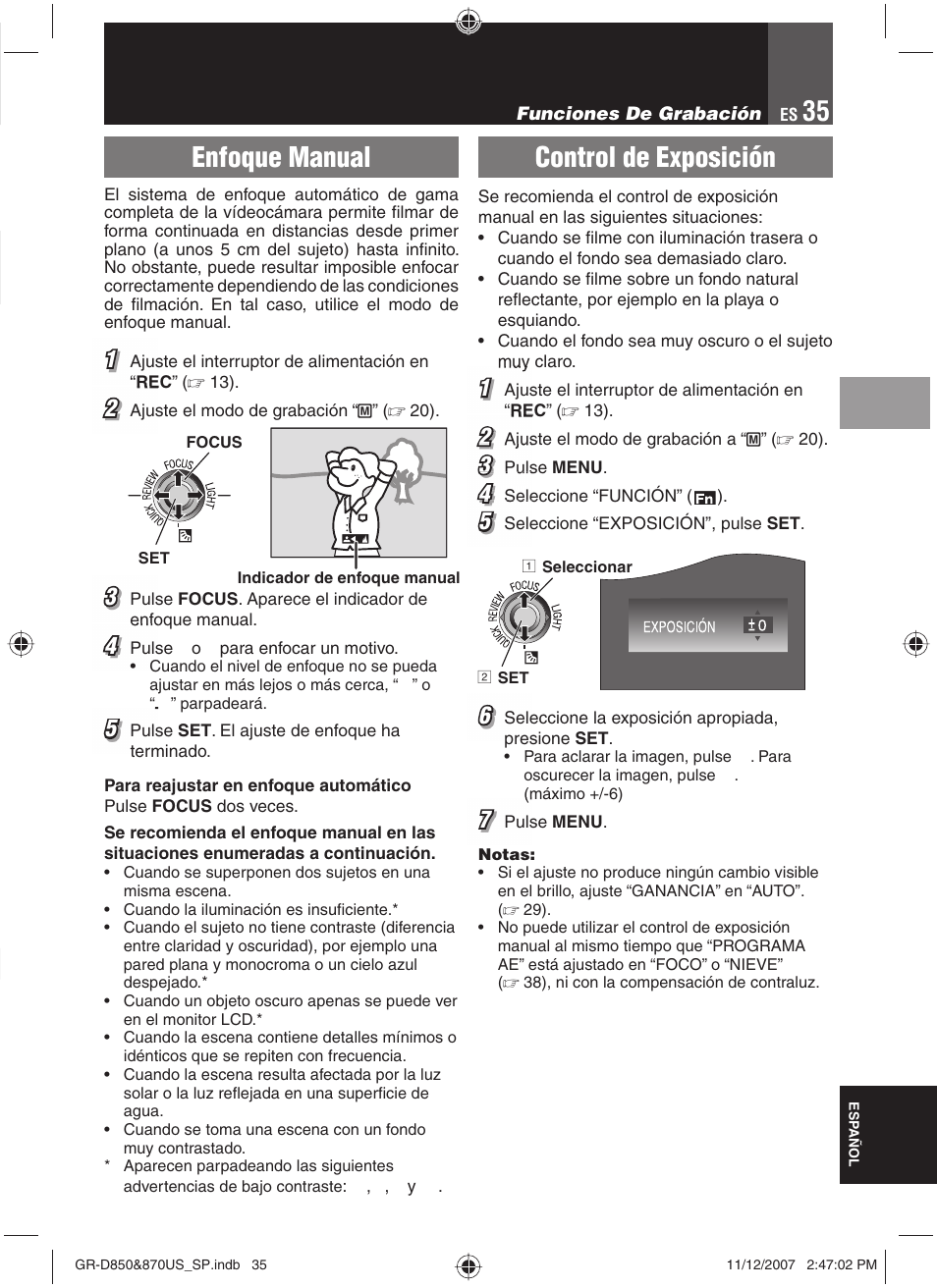 Enfoque manual, Control de exposición | JVC GR-D850U User Manual | Page 85 / 104