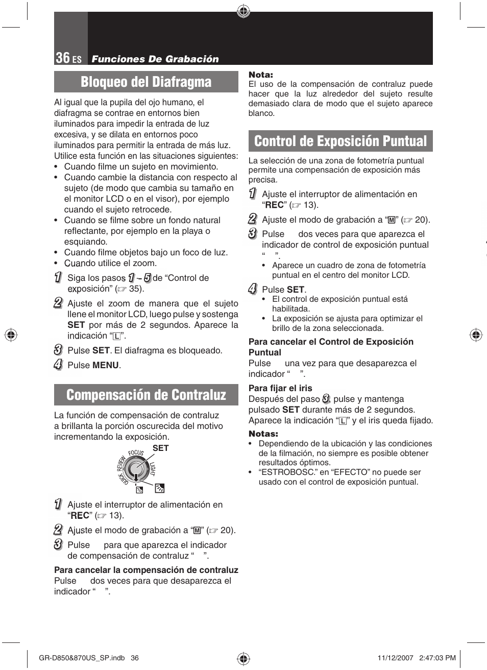 Bloqueo del diafragma, Compensación de contraluz, Control de exposición puntual | JVC GR-D850U User Manual | Page 86 / 104