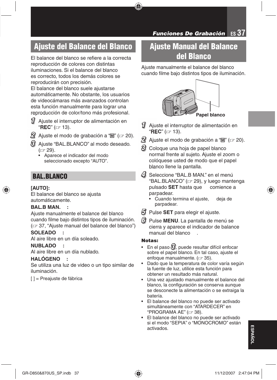 Ajuste del balance del blanco, Ajuste manual del balance del blanco, Bal.blanco | JVC GR-D850U User Manual | Page 87 / 104