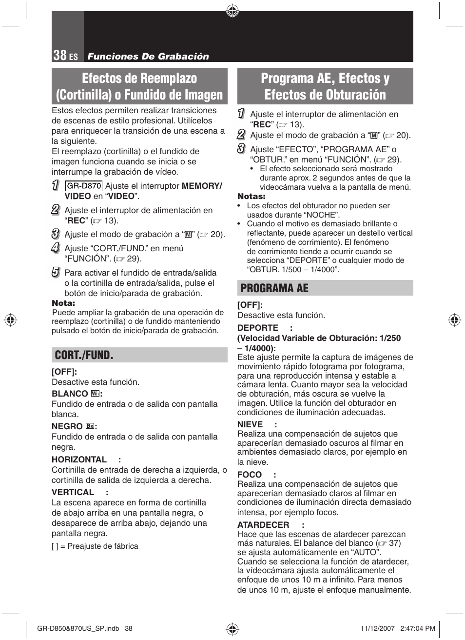 Programa ae, efectos y efectos de obturación, Cort./fund, Programa ae | JVC GR-D850U User Manual | Page 88 / 104