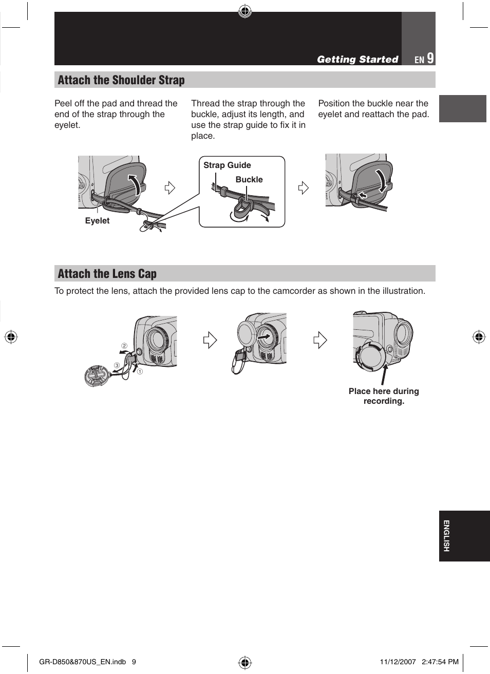 Attach the shoulder strap, Attach the lens cap | JVC GR-D850U User Manual | Page 9 / 104