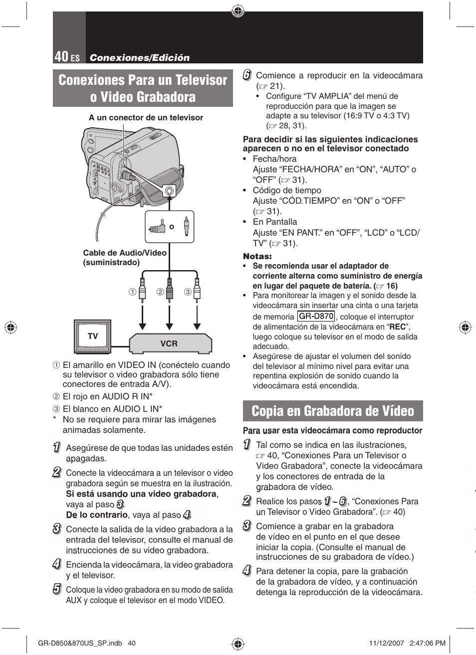 Es conexiones/edición, Conexiones para un televisor o video grabadora, Copia en grabadora de vídeo | JVC GR-D850U User Manual | Page 90 / 104