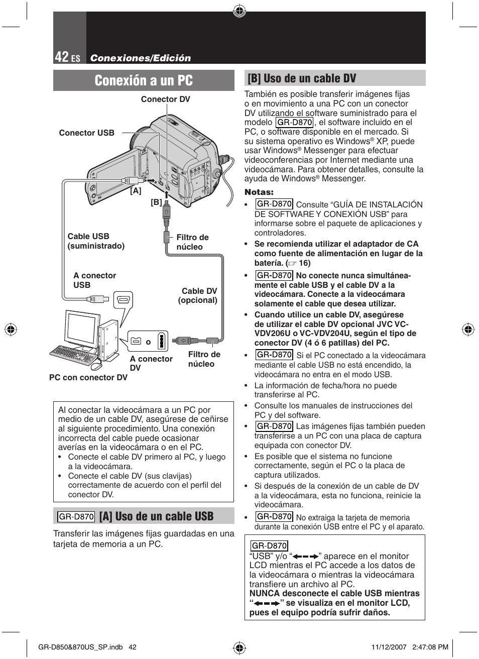 Conexión a un pc, A] uso de un cable usb, B] uso de un cable dv | JVC GR-D850U User Manual | Page 92 / 104