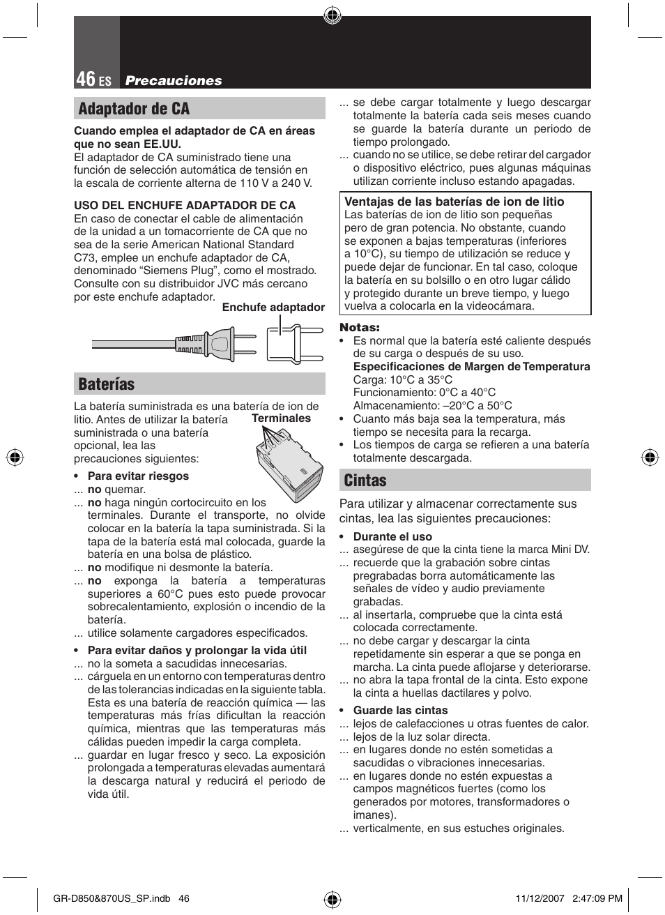 Precauciones, Adaptador de ca, Baterías | Cintas | JVC GR-D850U User Manual | Page 96 / 104