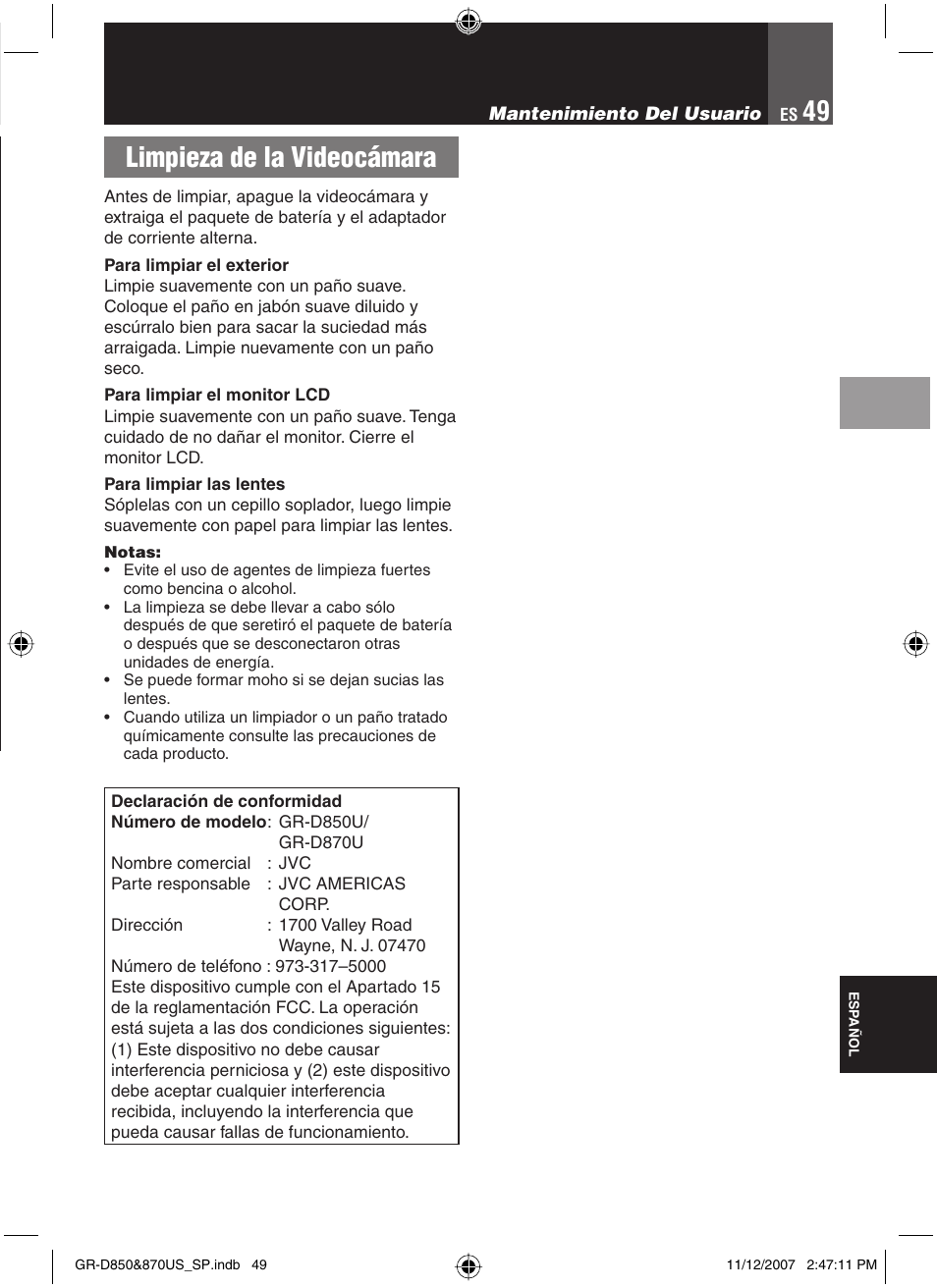 Mantenimiento del usuario, Limpieza de la videocámara | JVC GR-D850U User Manual | Page 99 / 104