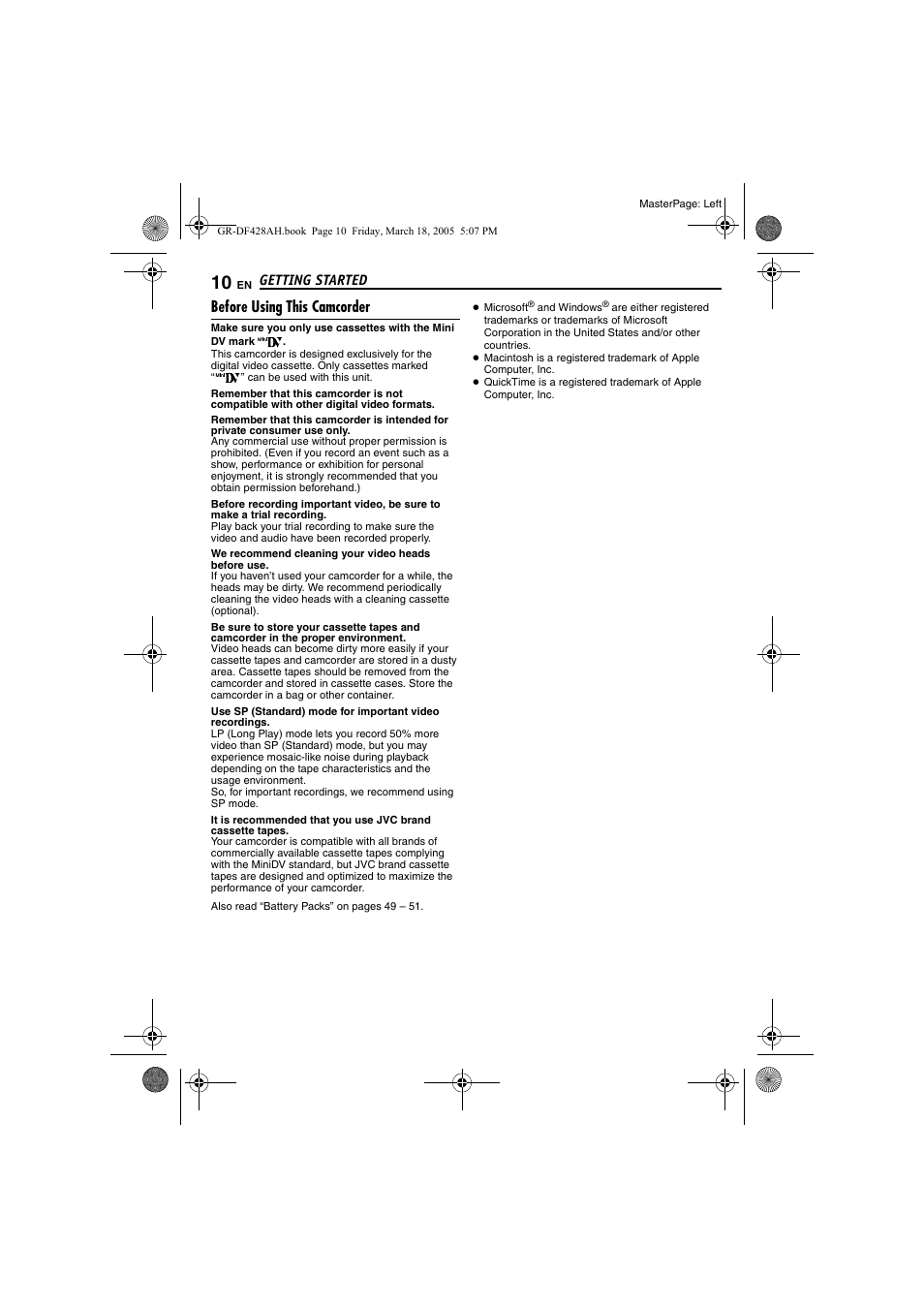Before using this camcorder, Getting started | JVC GR-DF428 User Manual | Page 10 / 56