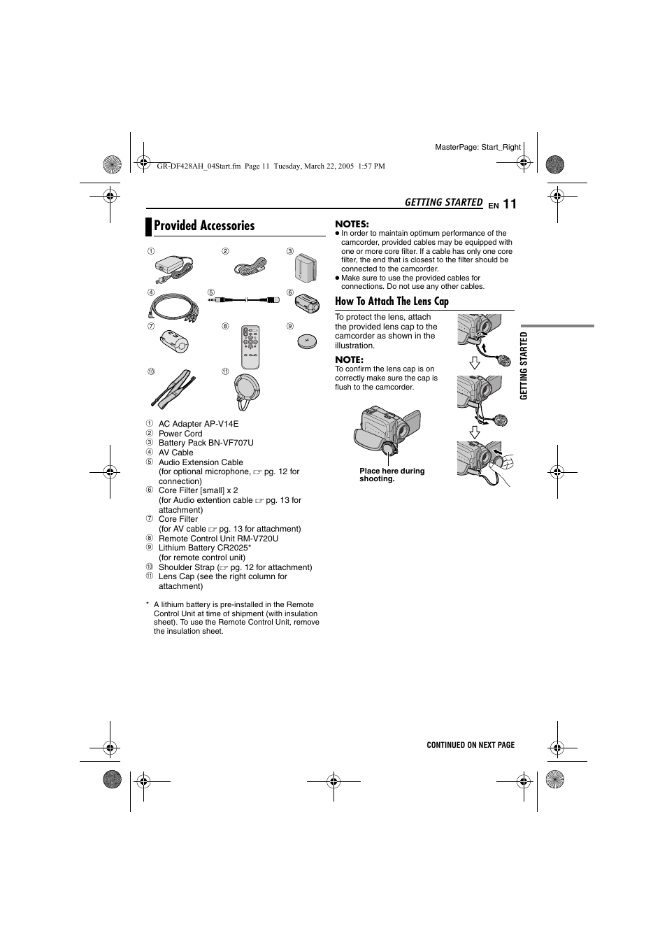 Provided accessories, How to attach the lens cap | JVC GR-DF428 User Manual | Page 11 / 56