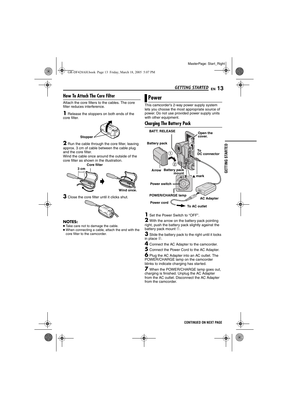 How to attach the core filter, Power, Charging the battery pack | Pg. 13 f | JVC GR-DF428 User Manual | Page 13 / 56
