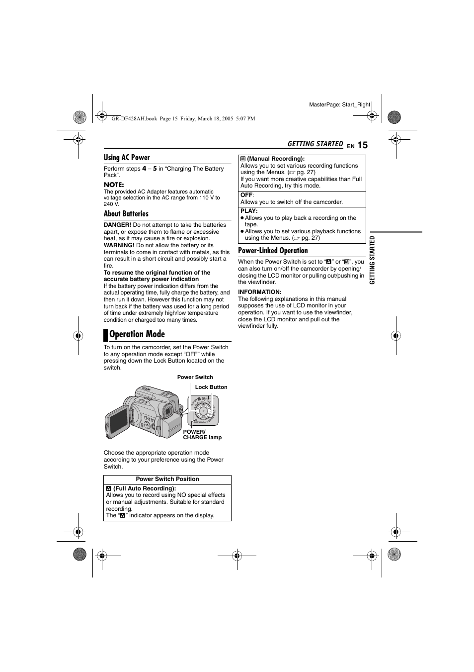 Using ac power, About batteries, Operation mode | Power-linked operation, Pg. 15) | JVC GR-DF428 User Manual | Page 15 / 56