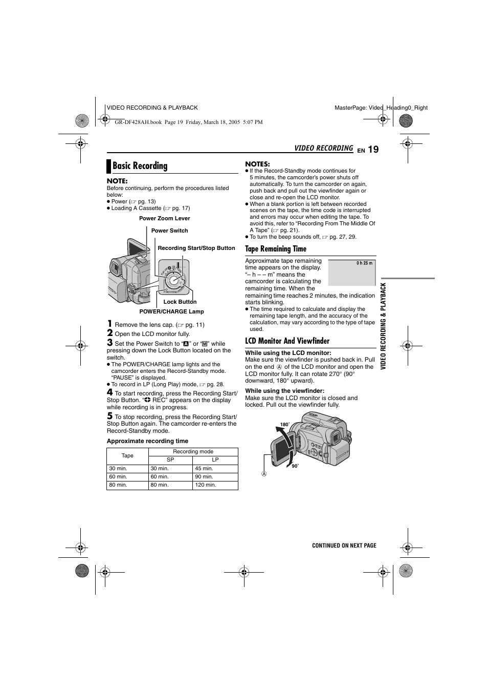 Video recording, Basic recording, Tape remaining time | Lcd monitor and viewfinder, Video recording & playback, 19 lcd monitor and viewfinder, Pg. 19) | JVC GR-DF428 User Manual | Page 19 / 56