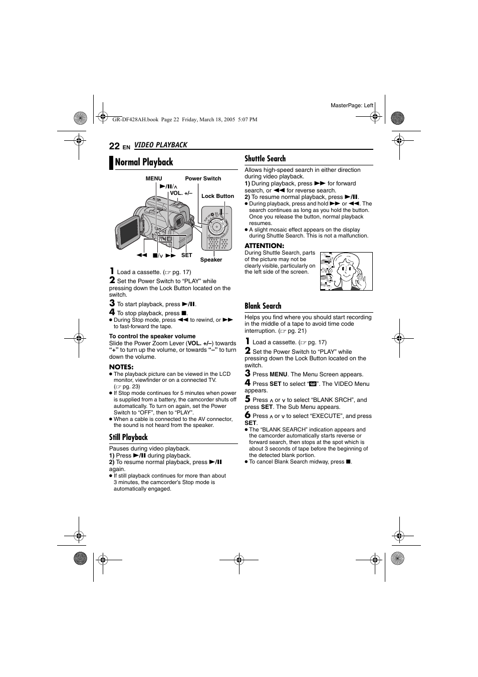 Video playback, Normal playback, Still playback | Shuttle search, Blank search, 22 shuttle search, 22 blank search, Pg. 22), Y pack mount | JVC GR-DF428 User Manual | Page 22 / 56