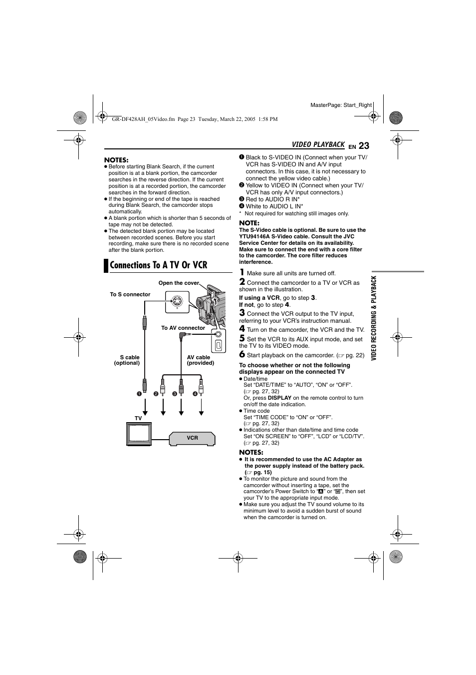 Connections to a tv or vcr, G. 23, 40), P microphone co | S dc input co, Pg. 23) | JVC GR-DF428 User Manual | Page 23 / 56