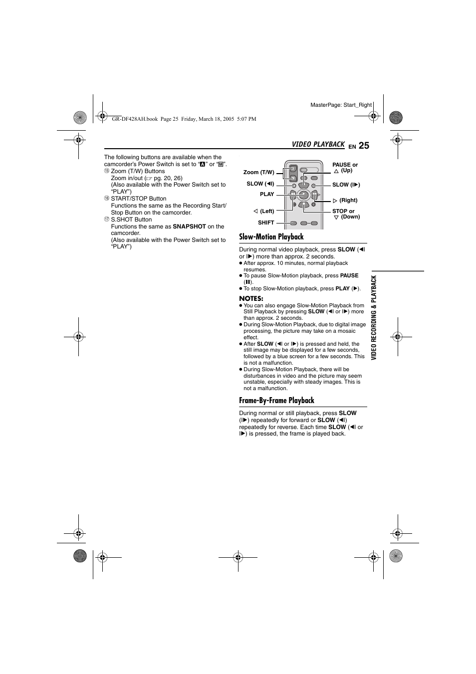 Slow-motion playback, Frame-by-frame playback, Pg. 25) | Pe (੬ pg. 25) | JVC GR-DF428 User Manual | Page 25 / 56