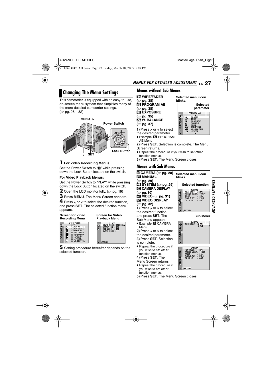 Menus for detailed adjustment, Changing the menu settings, Menus without sub menus | Menus with sub menus, Pg. 27, Advanced features, Pg. 27), Pg. 27, 3, Or, press dis, Indications ot | JVC GR-DF428 User Manual | Page 27 / 56