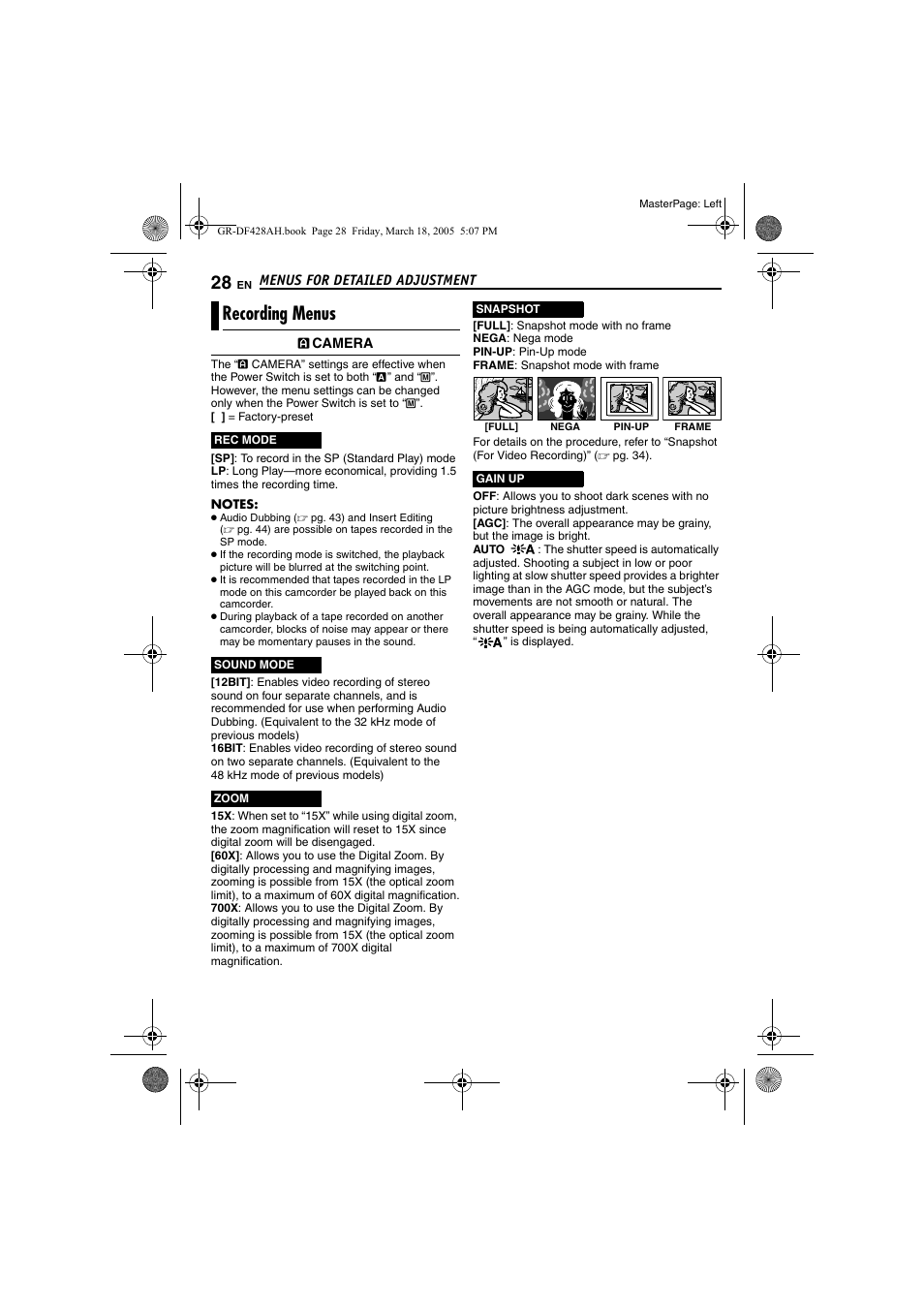 Recording menus, Pg. 28), Pg. 28) (a | Pg. 28 | JVC GR-DF428 User Manual | Page 28 / 56