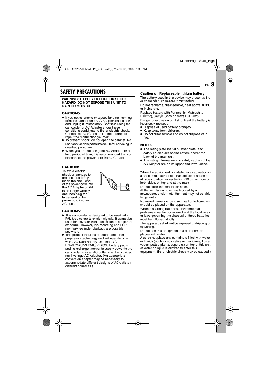 Safety precautions | JVC GR-DF428 User Manual | Page 3 / 56