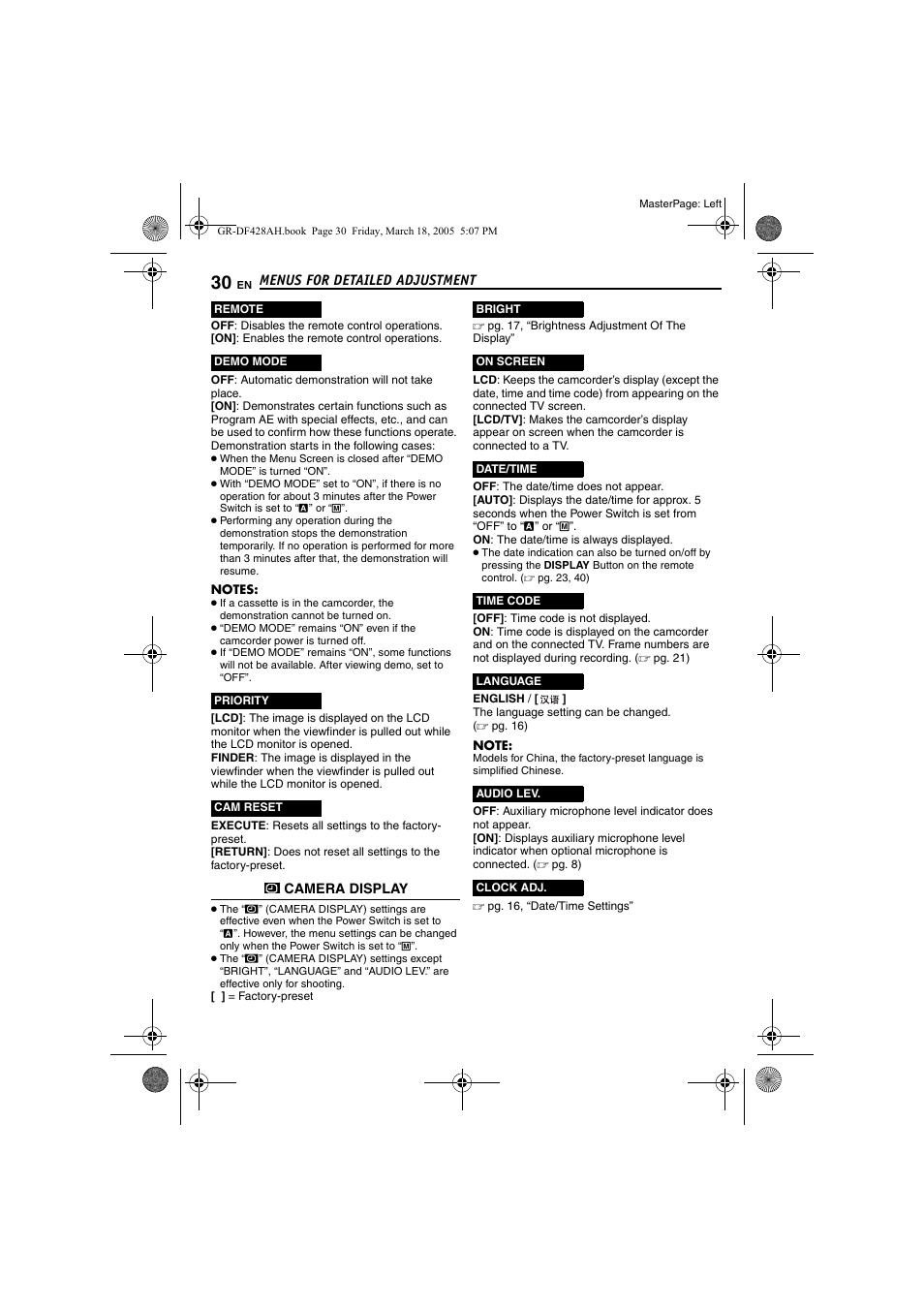Pg. 30, “audio lev.”), Pg. 30, 3, Time | Pg. 30, Pg. 30, 32, Set to “on, Pg. 30) | JVC GR-DF428 User Manual | Page 30 / 56