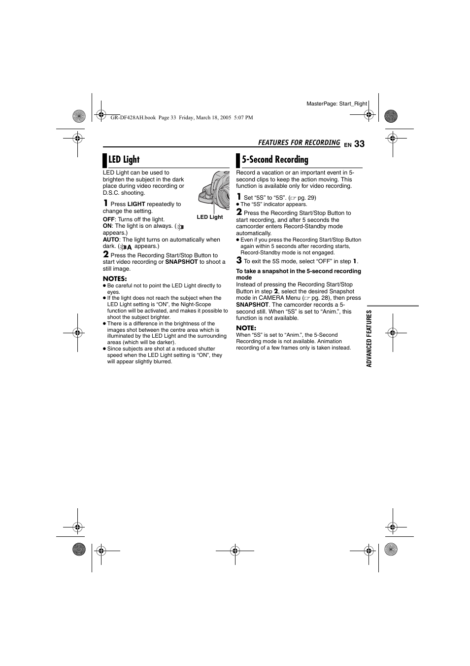 Features for recording, Led light, Second recording | 33 5-second recording, Pg. 33), Ing an option | JVC GR-DF428 User Manual | Page 33 / 56