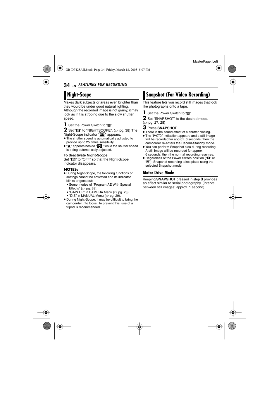 Night-scope, Snapshot (for video recording), Motor drive mode | 34 snapshot (for video recording), Pg. 34), Night-scope snapshot (for video recording) | JVC GR-DF428 User Manual | Page 34 / 56