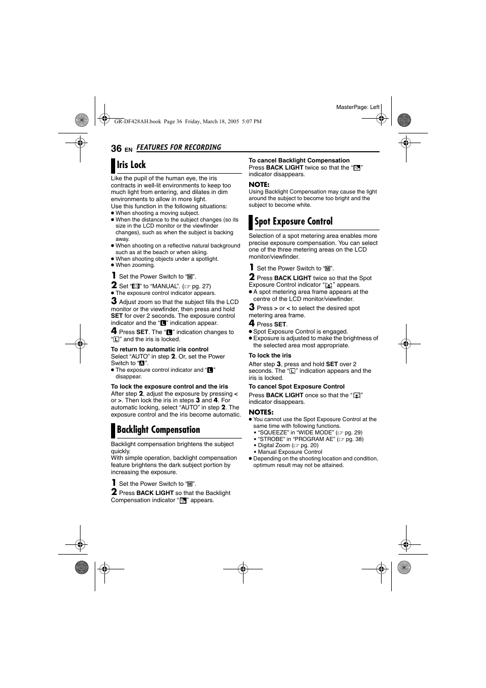 Iris lock, Backlight compensation, Spot exposure control | Pg. 36), Pg. 36, spot exposure, Control), 36 backlight compensation, 36 spot exposure control, Light | JVC GR-DF428 User Manual | Page 36 / 56
