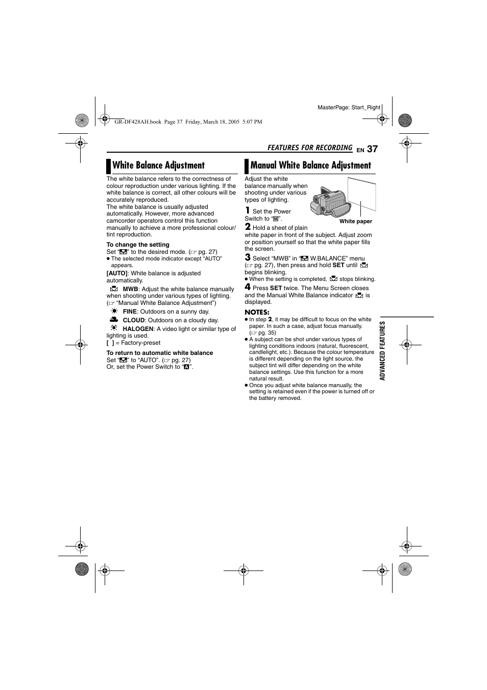White balance adjustment, Manual white balance adjustment, 37 manual white balance adjustment | Pg. 37) | JVC GR-DF428 User Manual | Page 37 / 56