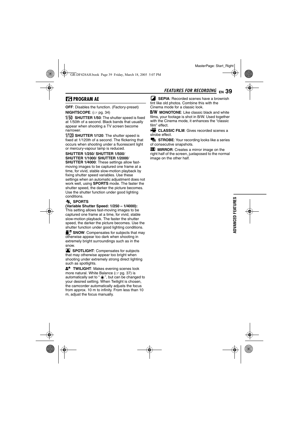 Program ae, Pg. 39) | JVC GR-DF428 User Manual | Page 39 / 56