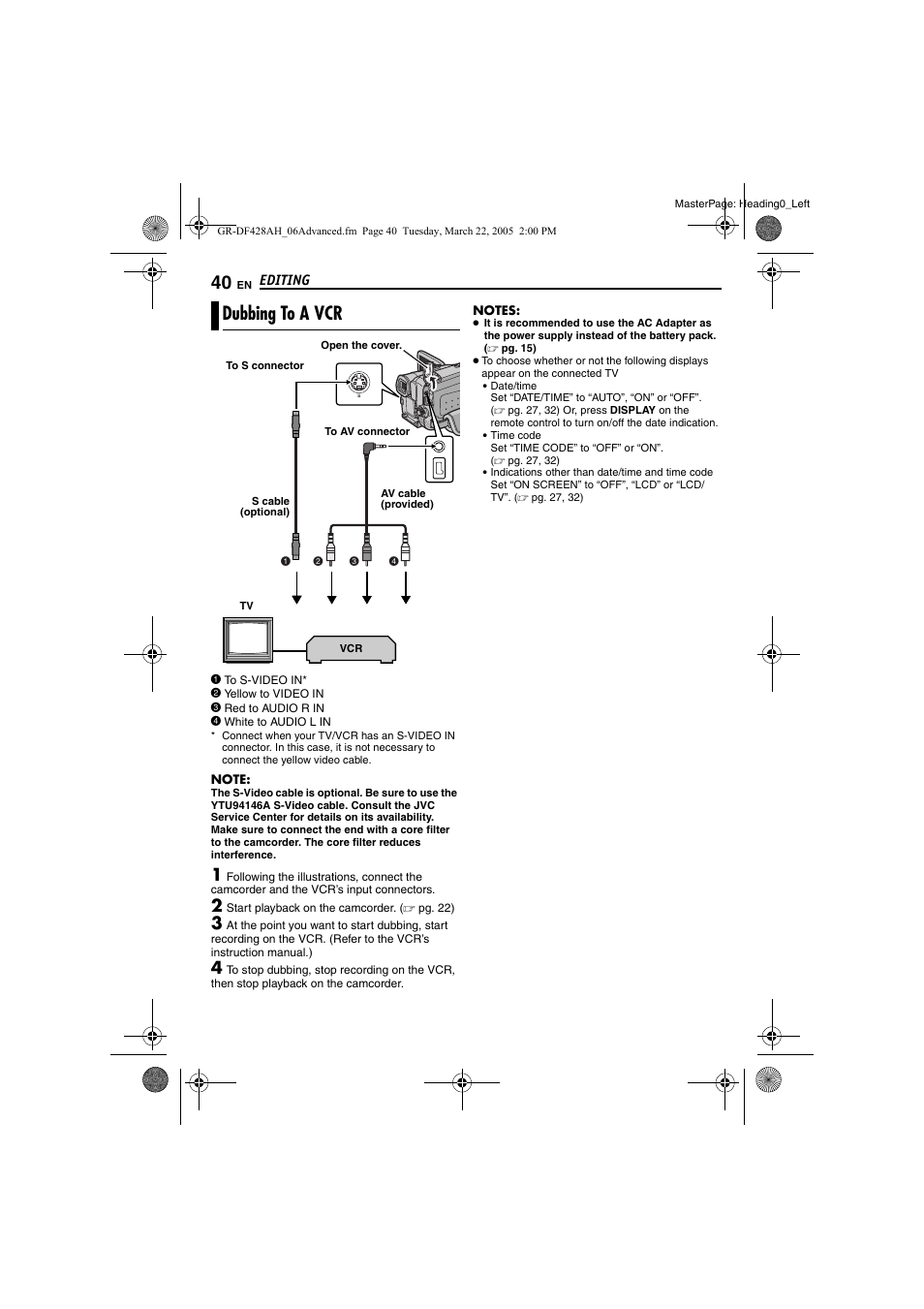 Editing, Dubbing to a vcr, Pg. 40 | JVC GR-DF428 User Manual | Page 40 / 56