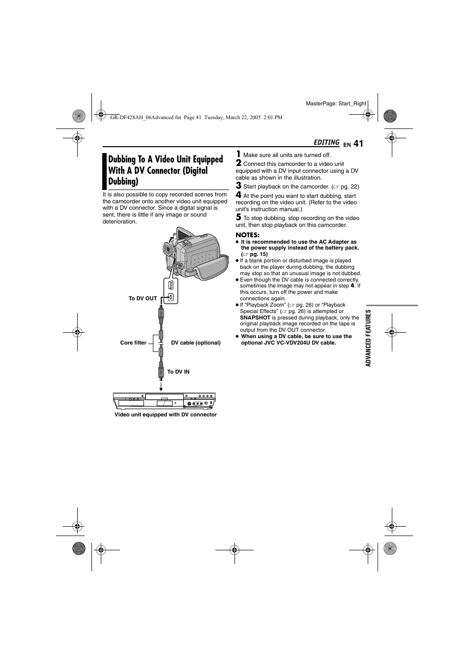 Dubbing to a video unit equipped with a dv, Connector (digital dubbing), I.link: i.link ref | JVC GR-DF428 User Manual | Page 41 / 56