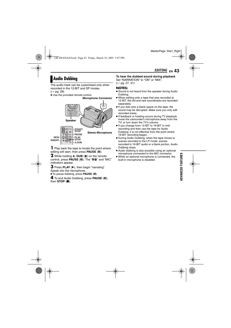 Audio dubbing, Tor [dv out, Elet | Pg. 12, Pg. 43), Pg. 43) and i | JVC GR-DF428 User Manual | Page 43 / 56