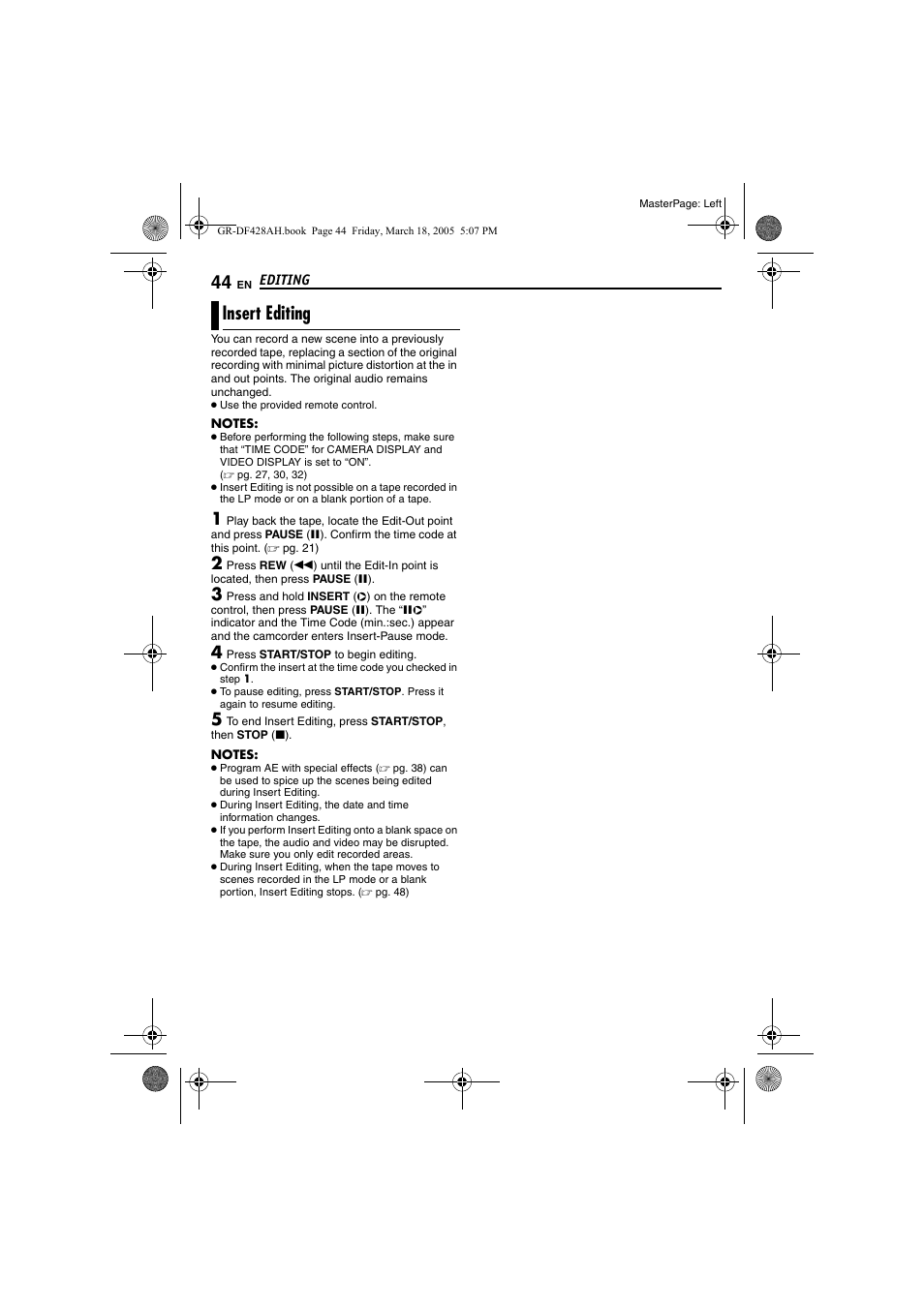 Insert editing, Pg. 44), Pg. 44) a | JVC GR-DF428 User Manual | Page 44 / 56