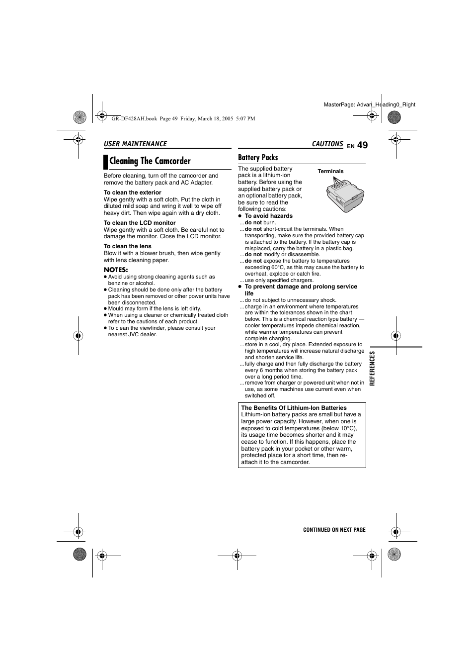 Cleaning the camcorder, Battery packs, User maintenance | Cautions, 49 cautions, Pg. 49) | JVC GR-DF428 User Manual | Page 49 / 56
