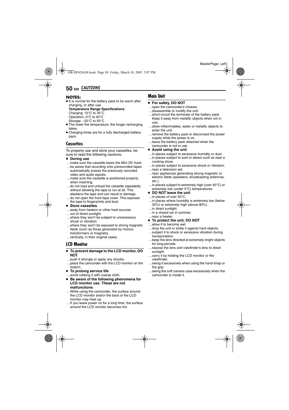 Cassettes, Lcd monitor, Main unit | Pg. 50), Cautions | JVC GR-DF428 User Manual | Page 50 / 56