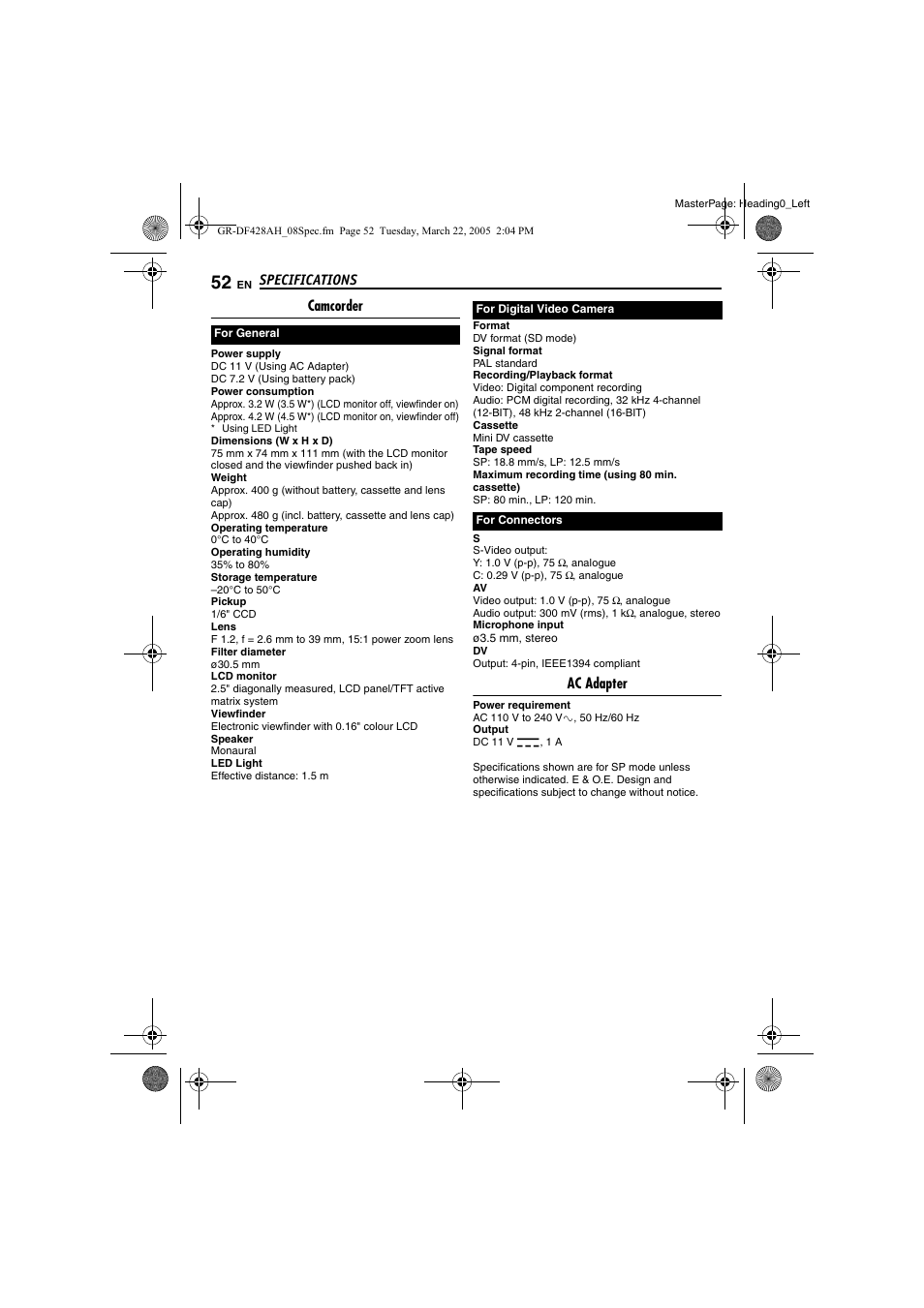 Specifications, Camcorder, Ac adapter | JVC GR-DF428 User Manual | Page 52 / 56